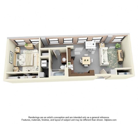 Floor plan for 1 bed, 1 bath, 673 sqft